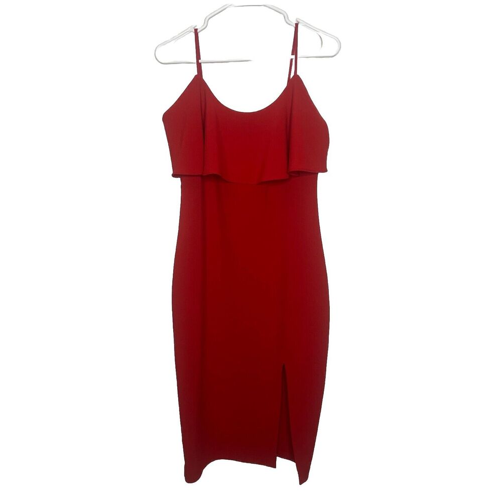 LIKELY Red Midi Sheath Dress Size 8 Ruffle Holiday Christmas Cocktail Party F14